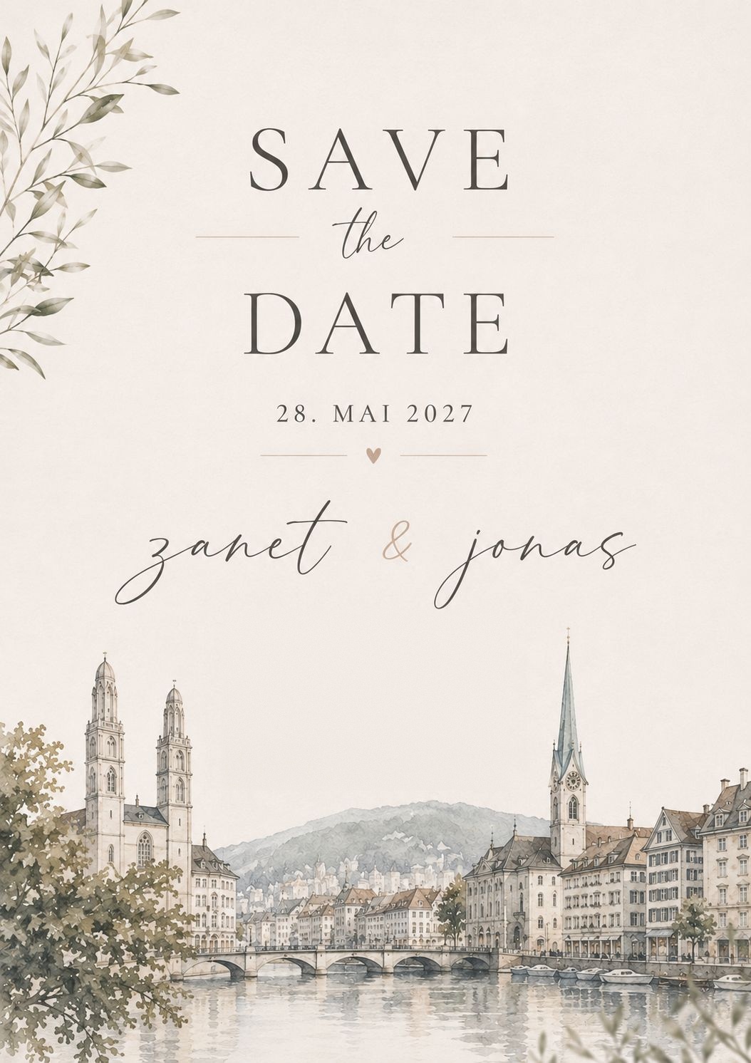 Aquarellillustration von Zürich aus unserem Save-the-Date